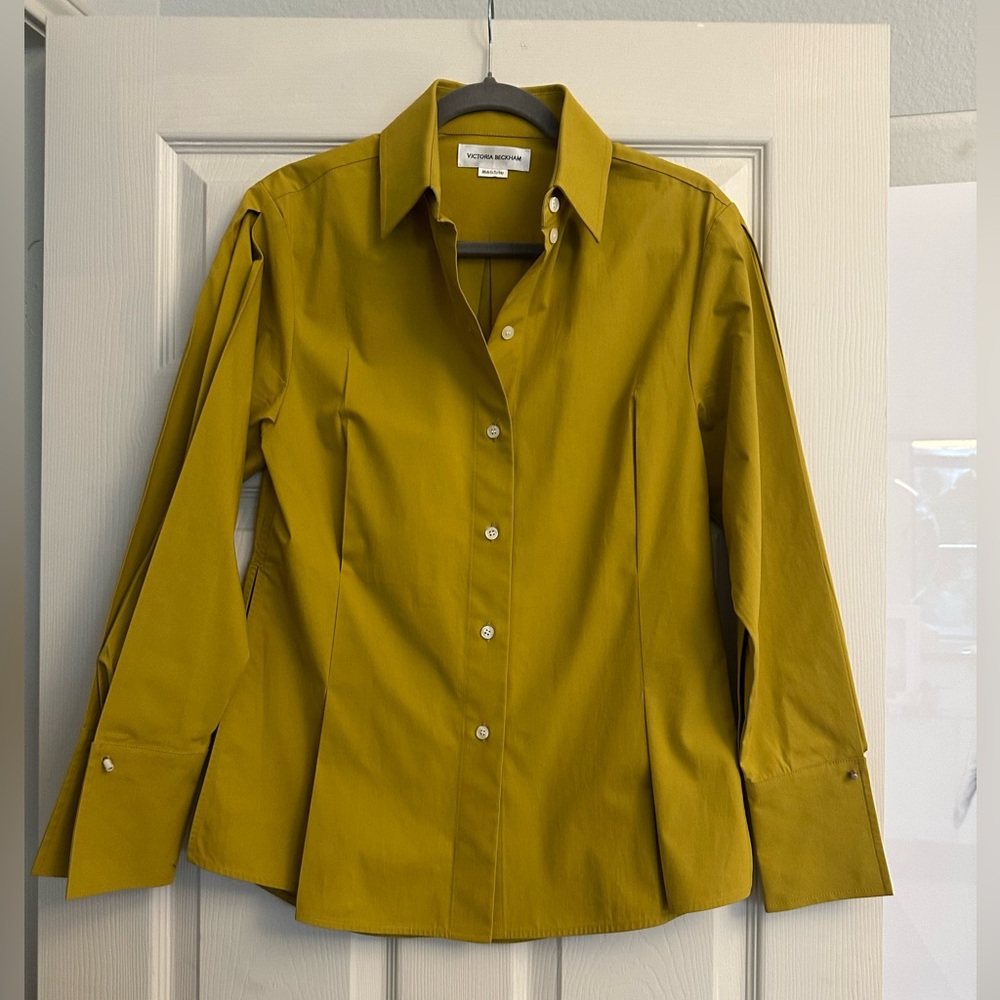 Victoria Beckham Yellow Button-Up Shirt with pleated sleeves and cuff links